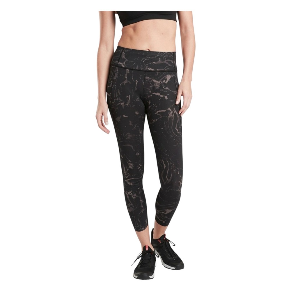 Athleta Velocity Stash Pocket Marble Leggings Womens Small Black Gray Tights